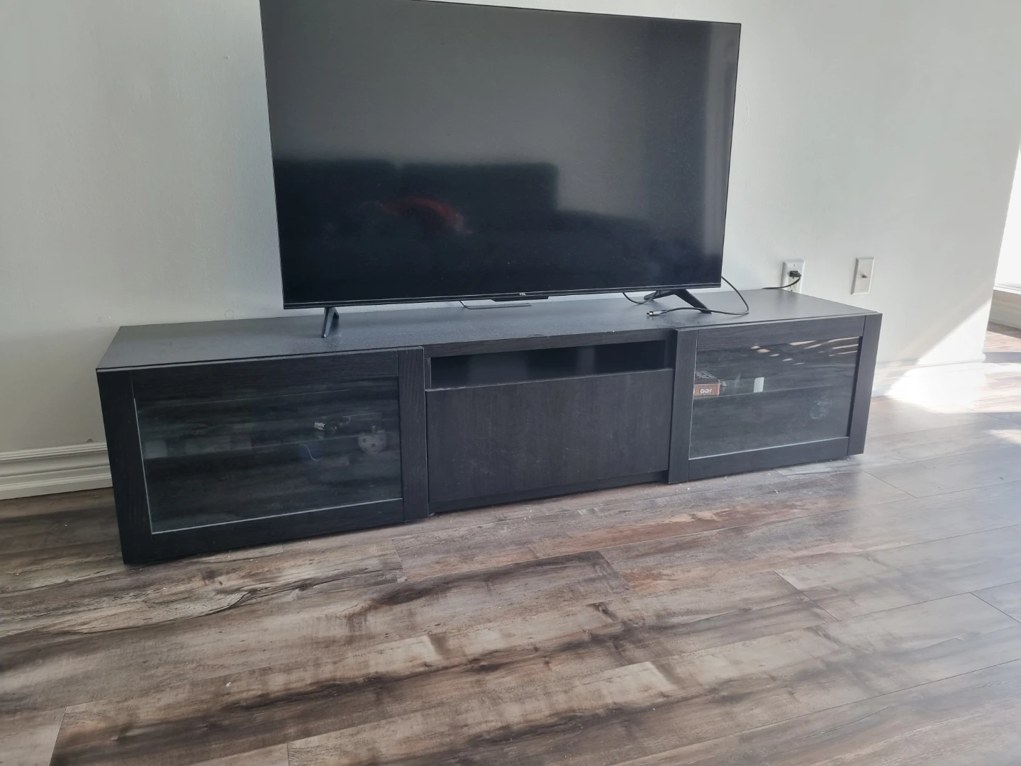 Dark Wood TV Stand with Glass Doors
