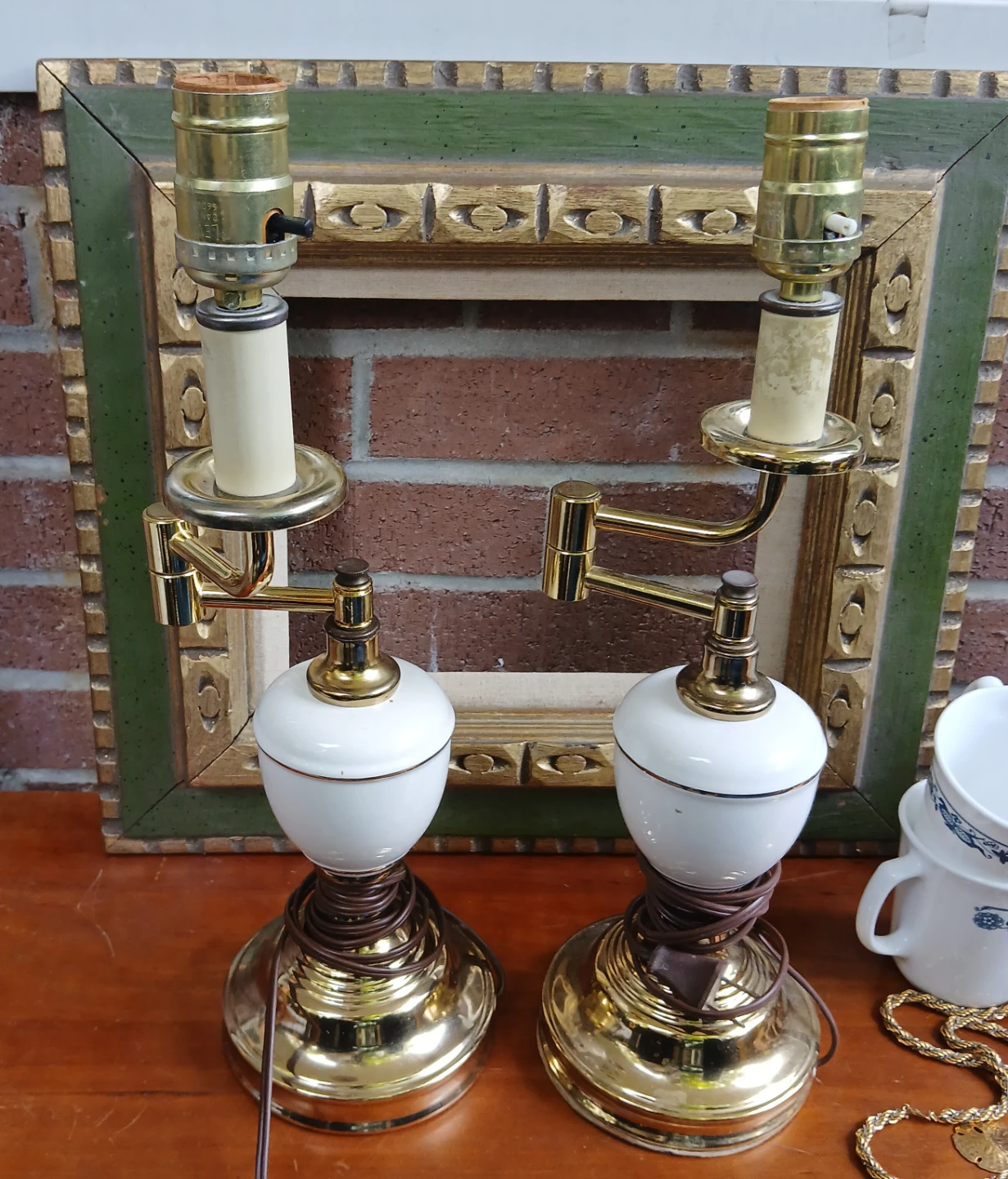 Vintage Brass Plated and White Ceramic Swing Arm Lamps (Pair)