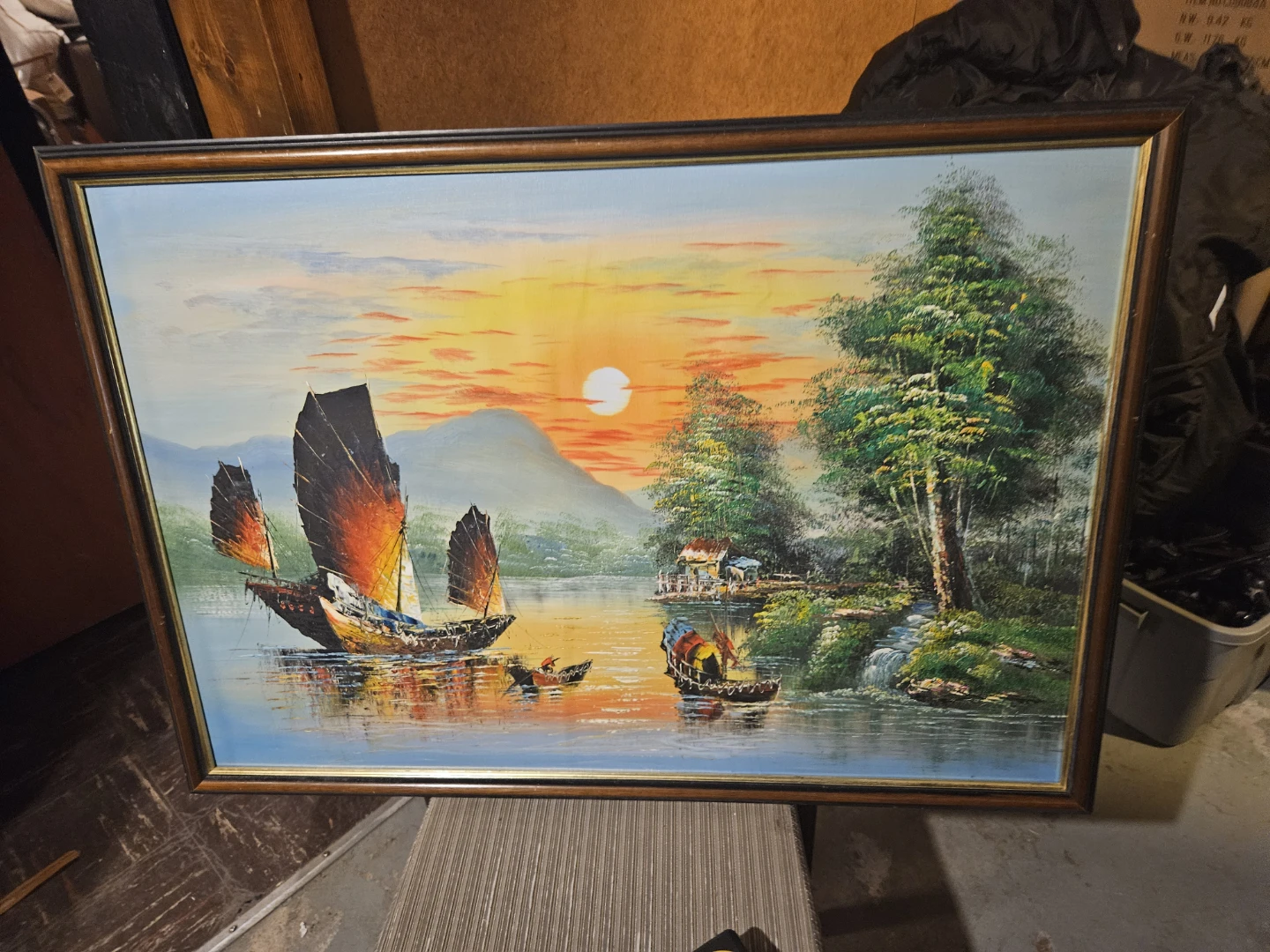 Framed Painting of Sailboats at Sunset - photo 2