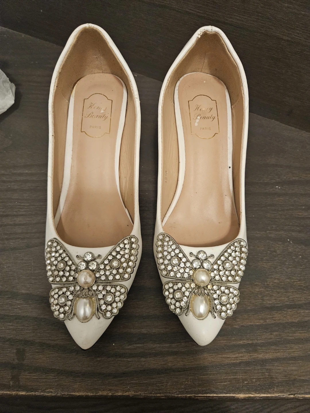 White Heels with Butterfly Embellishments