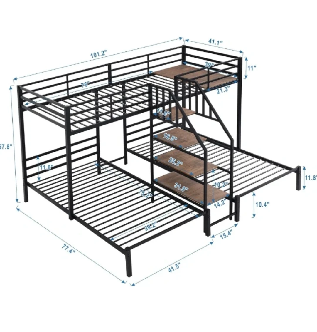 Metal Triple Bunk Bed w/ Stairs & Storage + 3 Twin Mattresses ⚽ - photo 2
