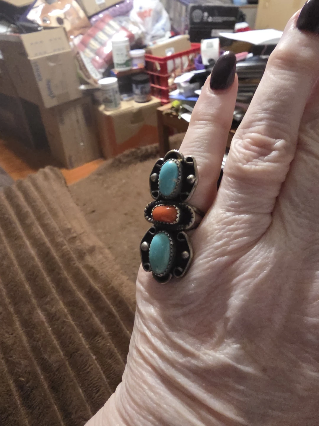Turquoise and Coral  sterling silver ring