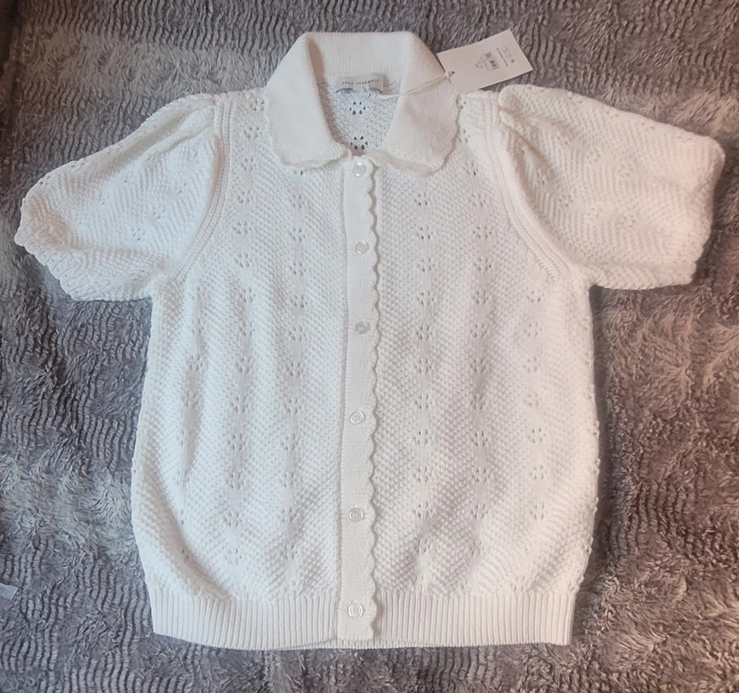 White Short Sleeve Knit Button-Up Top