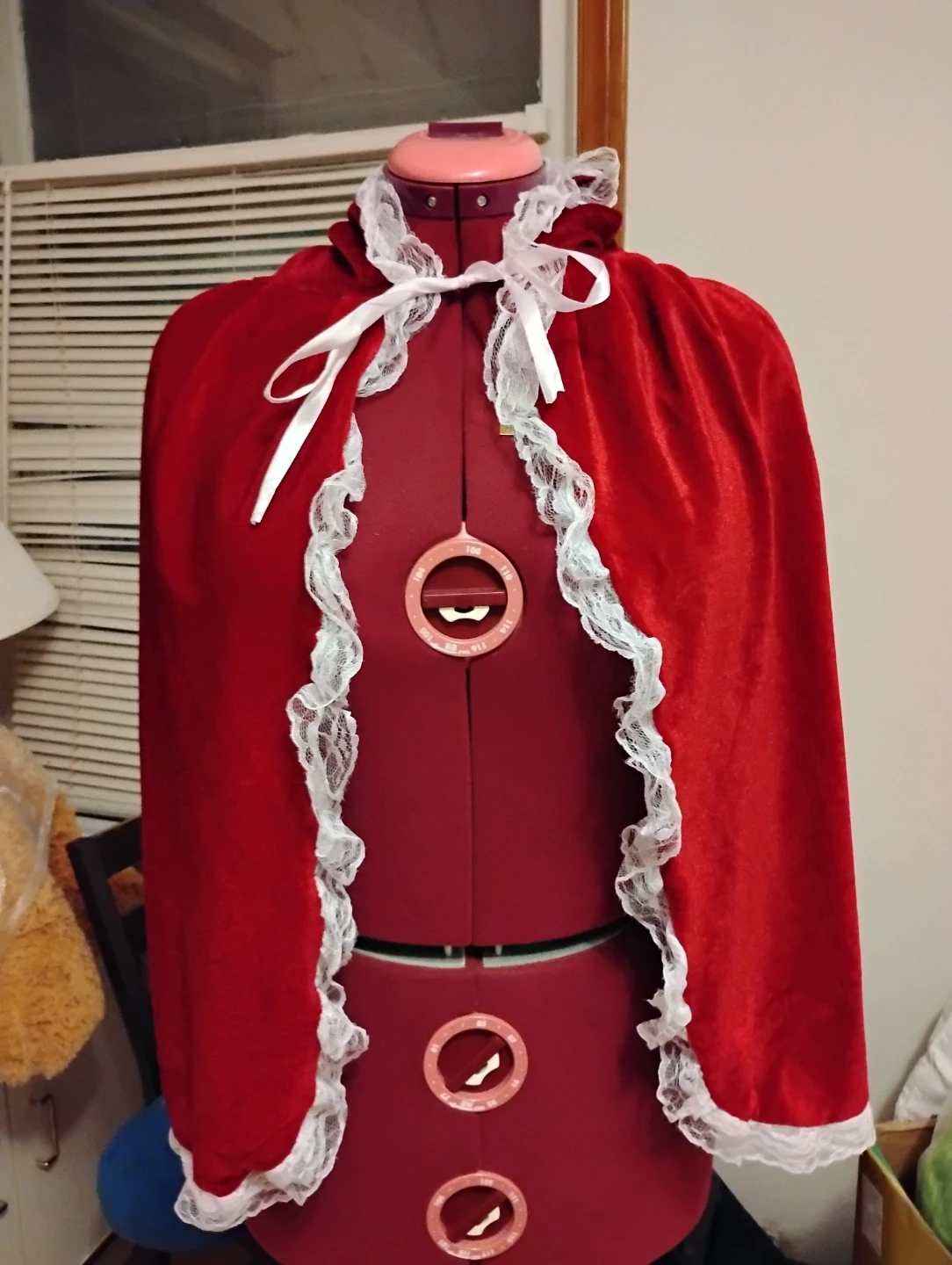 Red Velvet Hooded Cape with White Lace Trim