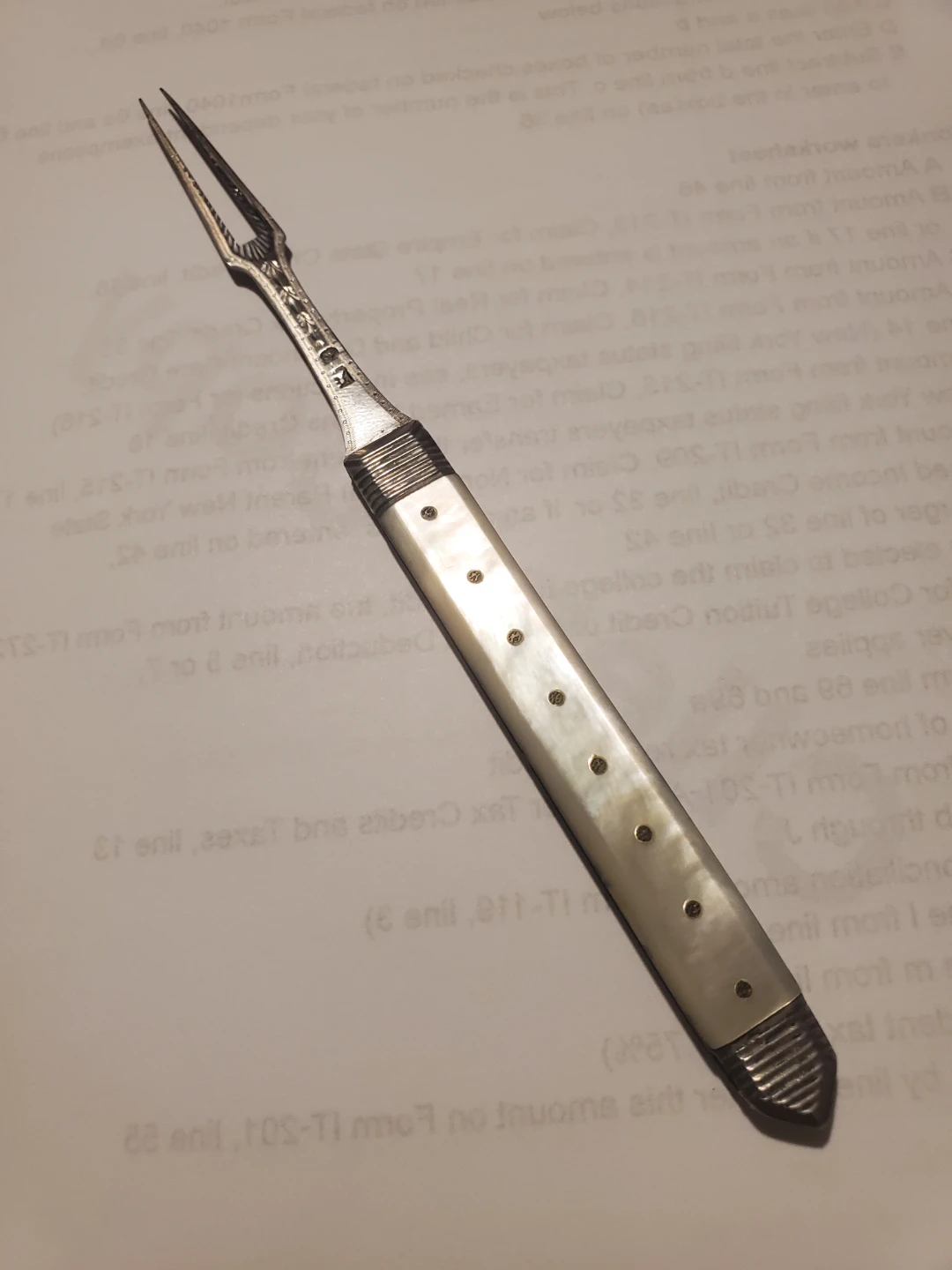 STERLING SILVER  Antique Mother of Pearl Carving Fork