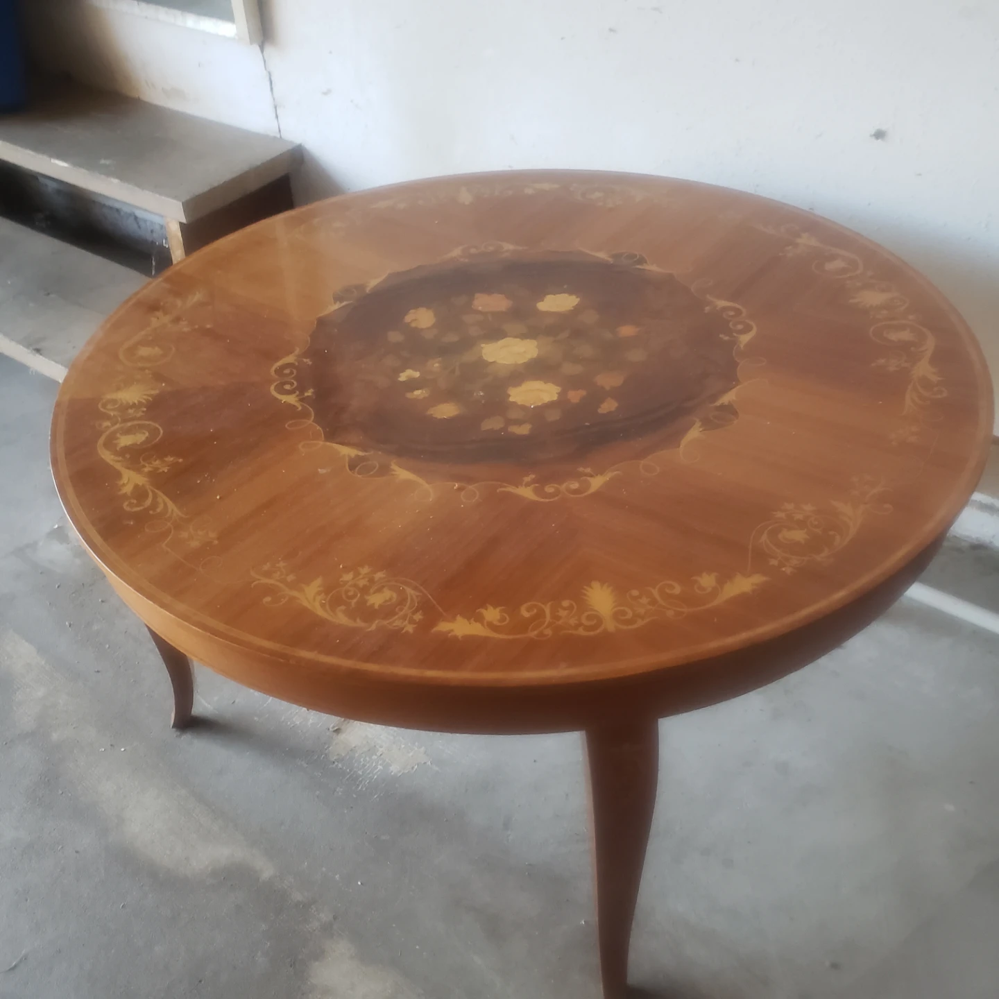 Vintage Inlaid Wood Round Side Table
