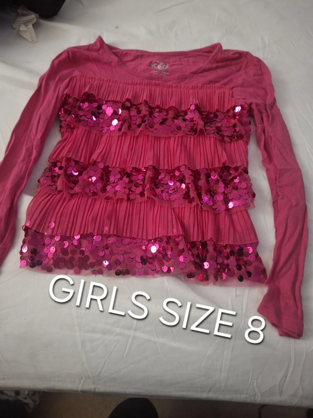 Pink Sequined Ruffle Long Sleeve Shirt