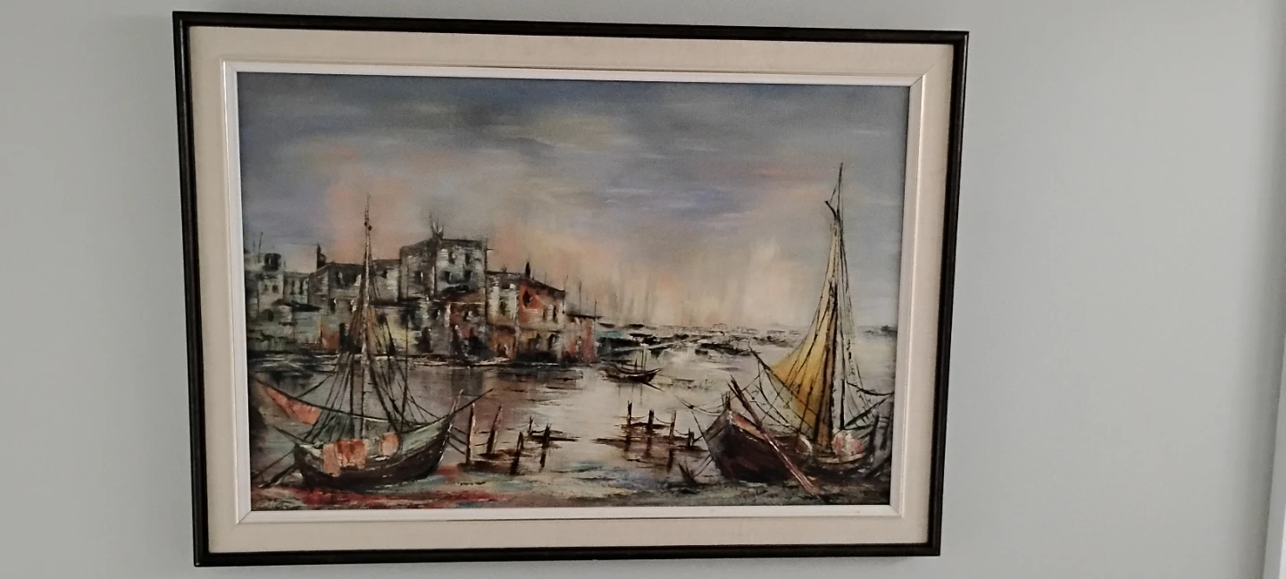 Framed Painting of Sailboats in a Harbour