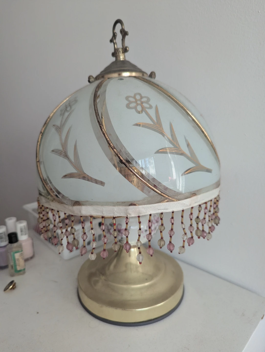 Vintage Floral Glass Table Touch Lamp with Beaded Fringe