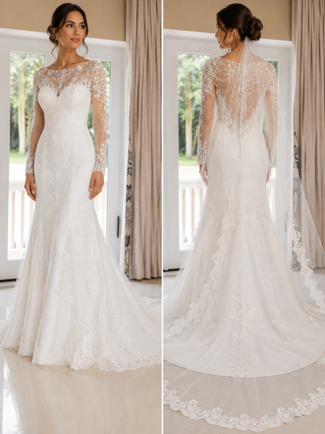 White Lace Wedding Dress with Long Sleeves - photo 2