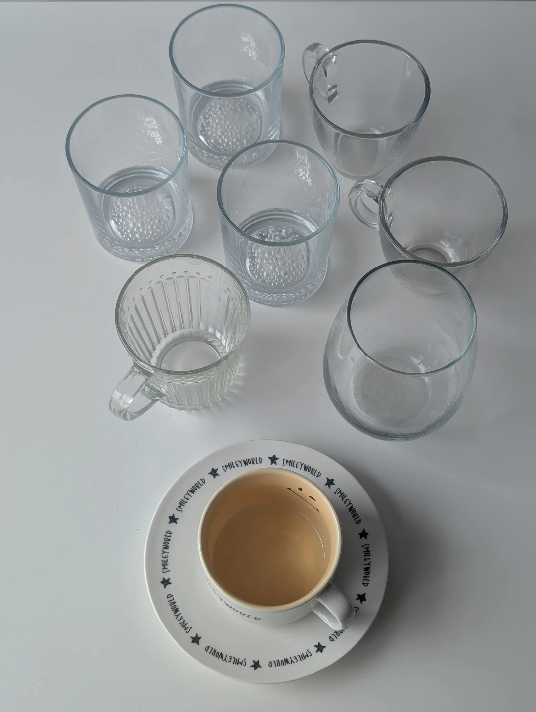 Set of 6 Glass Cups and 1 Smileyworld Mug & Saucer