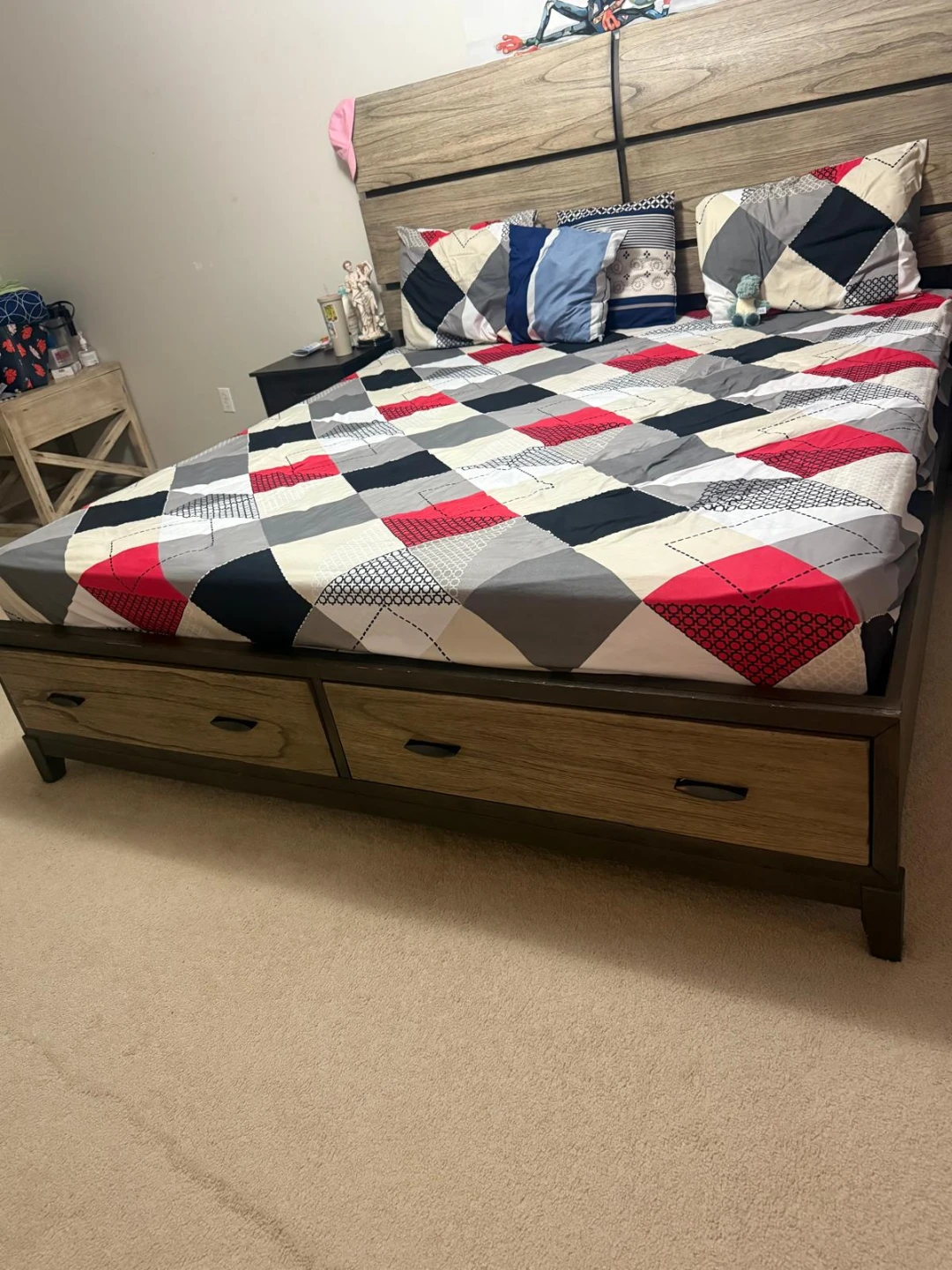 Almost New 2 Drawers Wooden King Bed Frame and Mattress