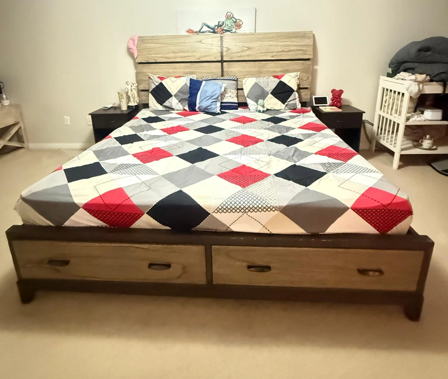 Almost New 2 Drawers Wooden King Bed Frame and Mattress - photo 2