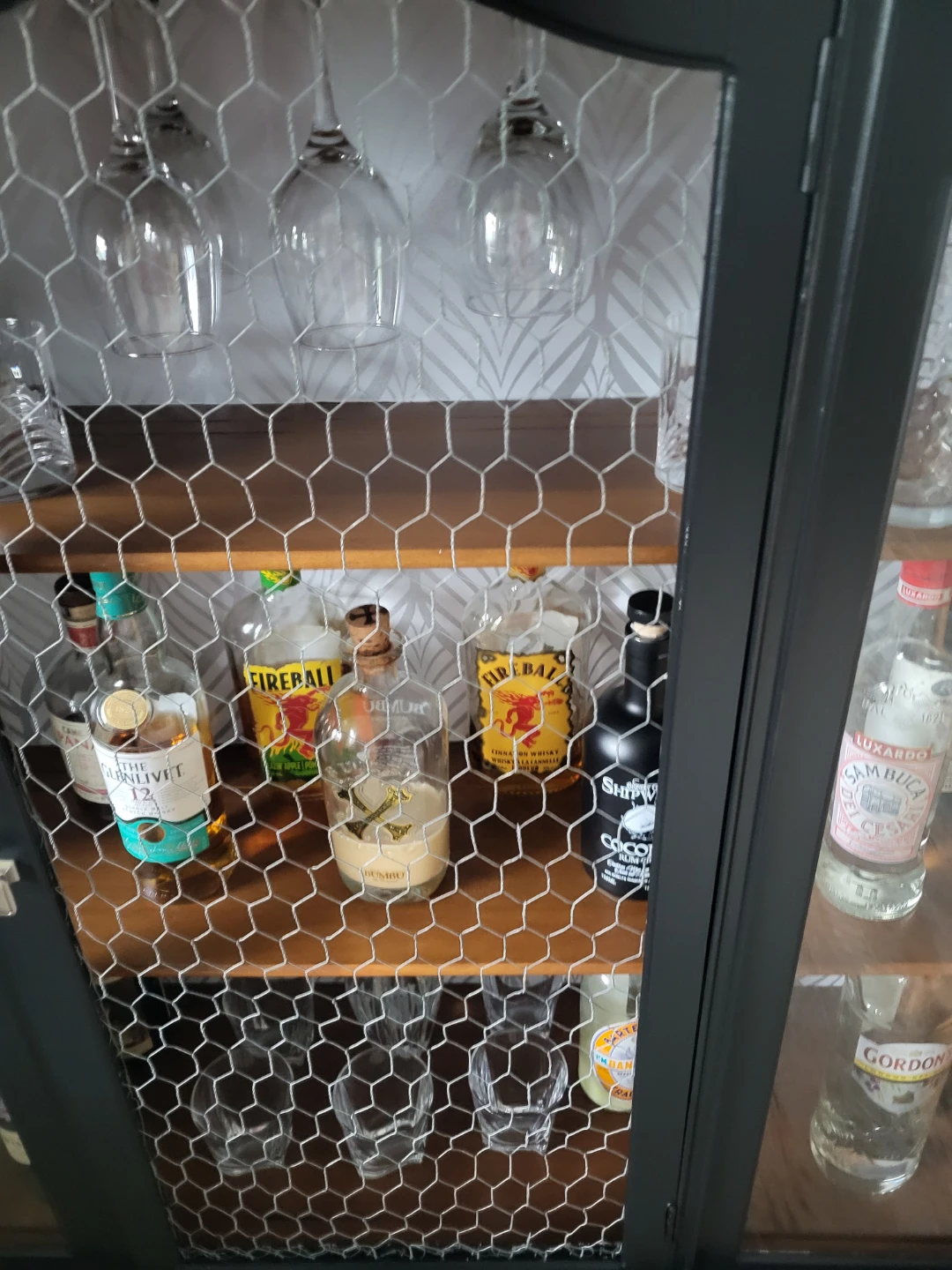 Black Bar Cabinet with Glass Doors and Chicken Wire Accent - photo 2