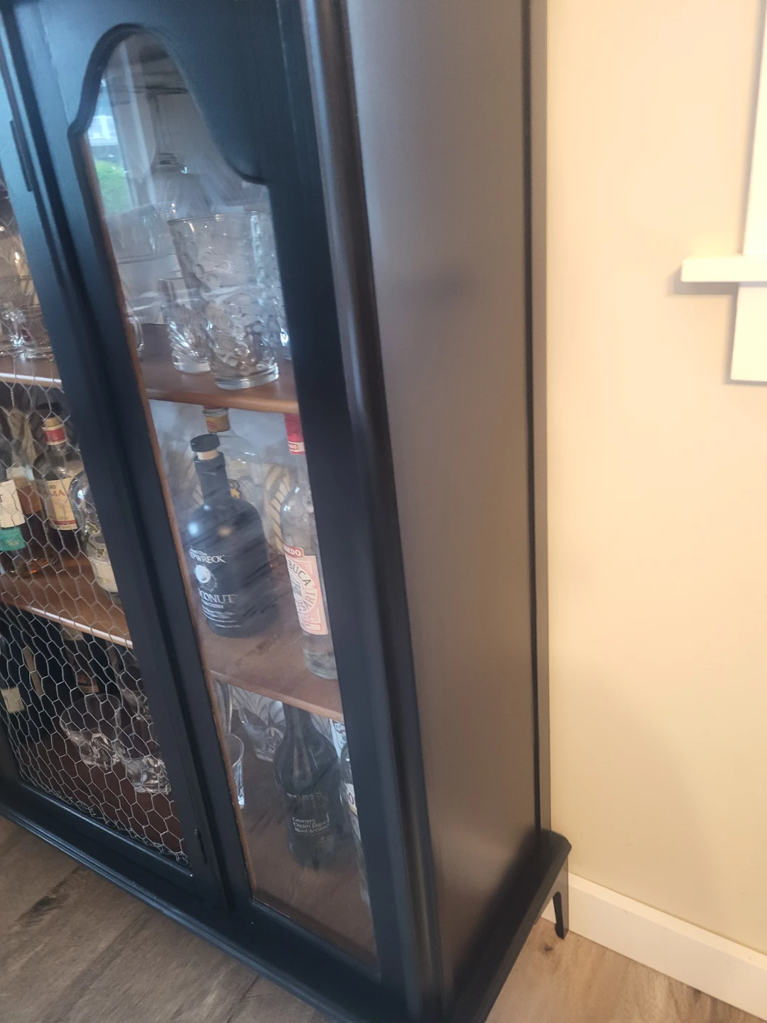 Black Bar Cabinet with Glass Doors and Chicken Wire Accent - photo 3
