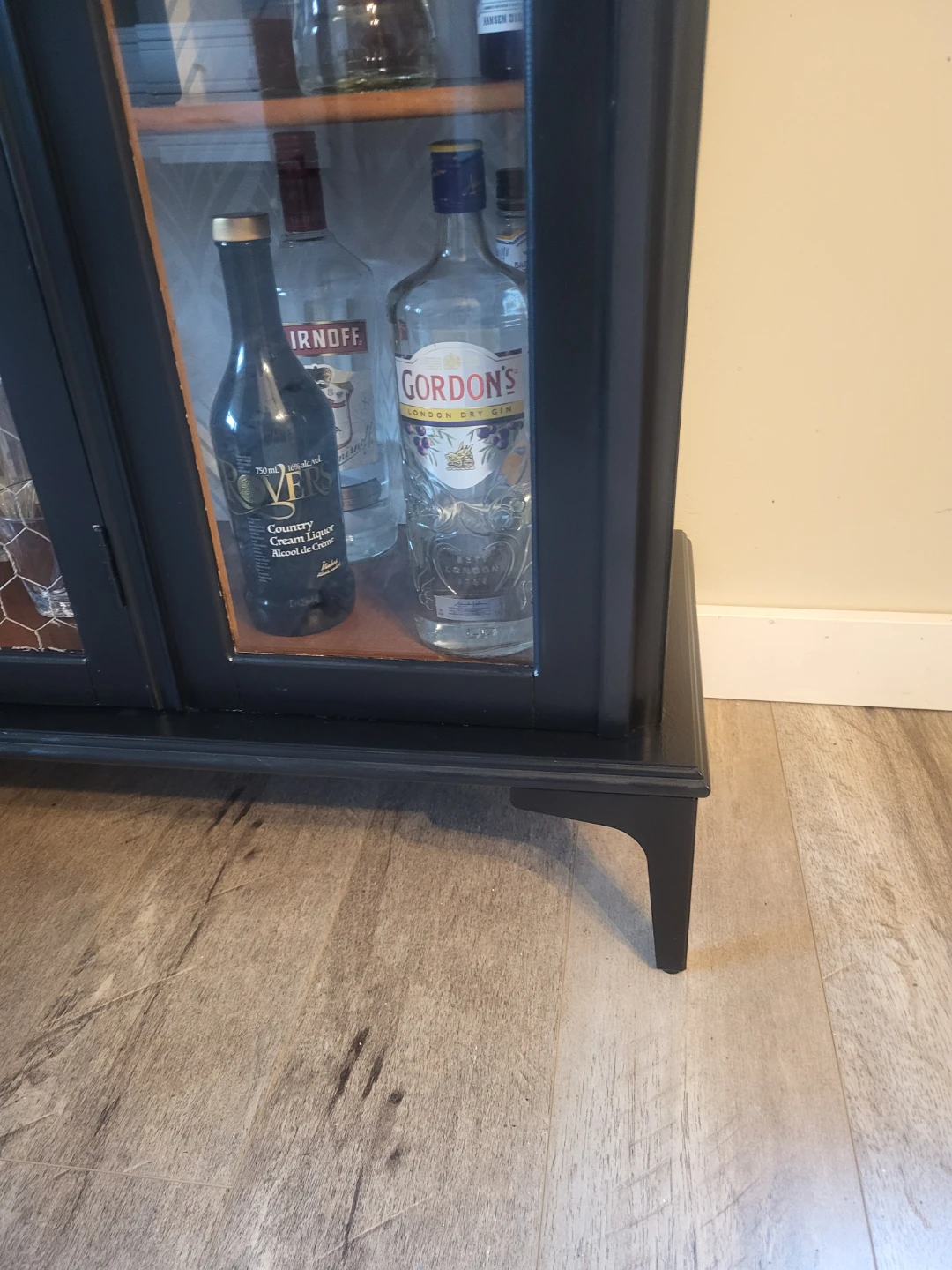 Black Bar Cabinet with Glass Doors and Chicken Wire Accent - photo 5