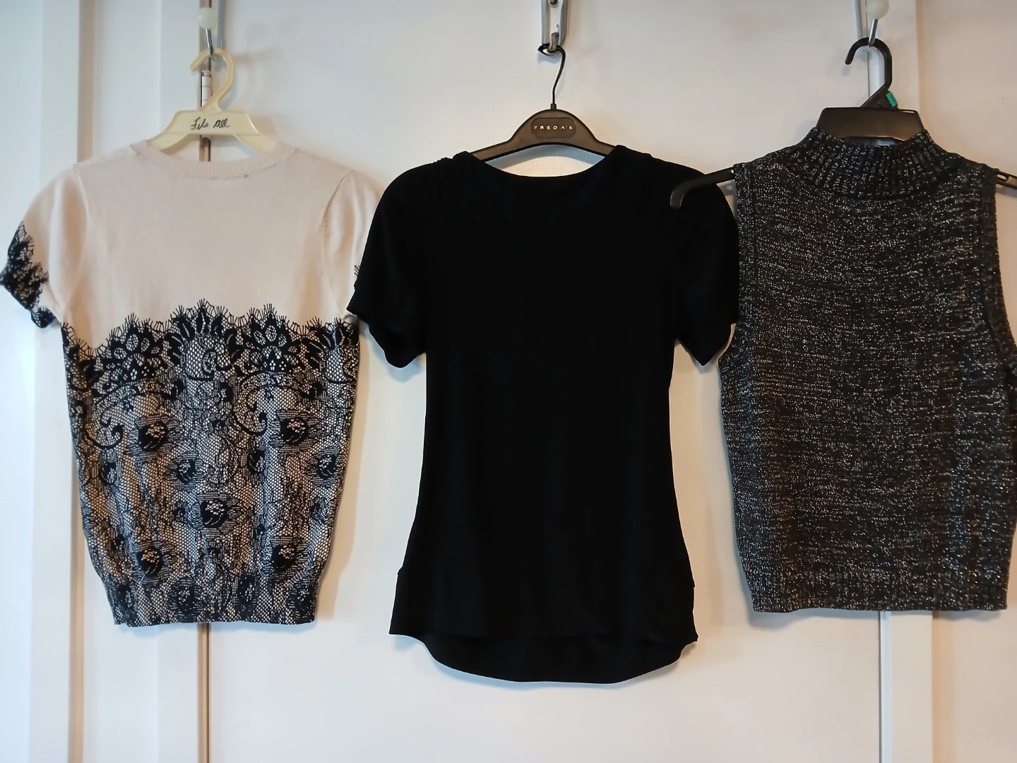 Bundle of 3 Tops - Lace, Black V-neck, and Sparkle Knit. All Sm.