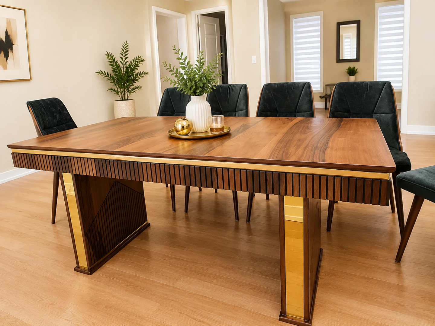Wooden Dining Table and Six Chairs  with Gold Accents