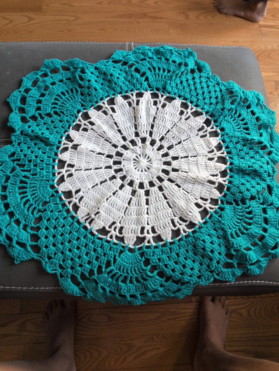 Crocheted Doily White and Teal
