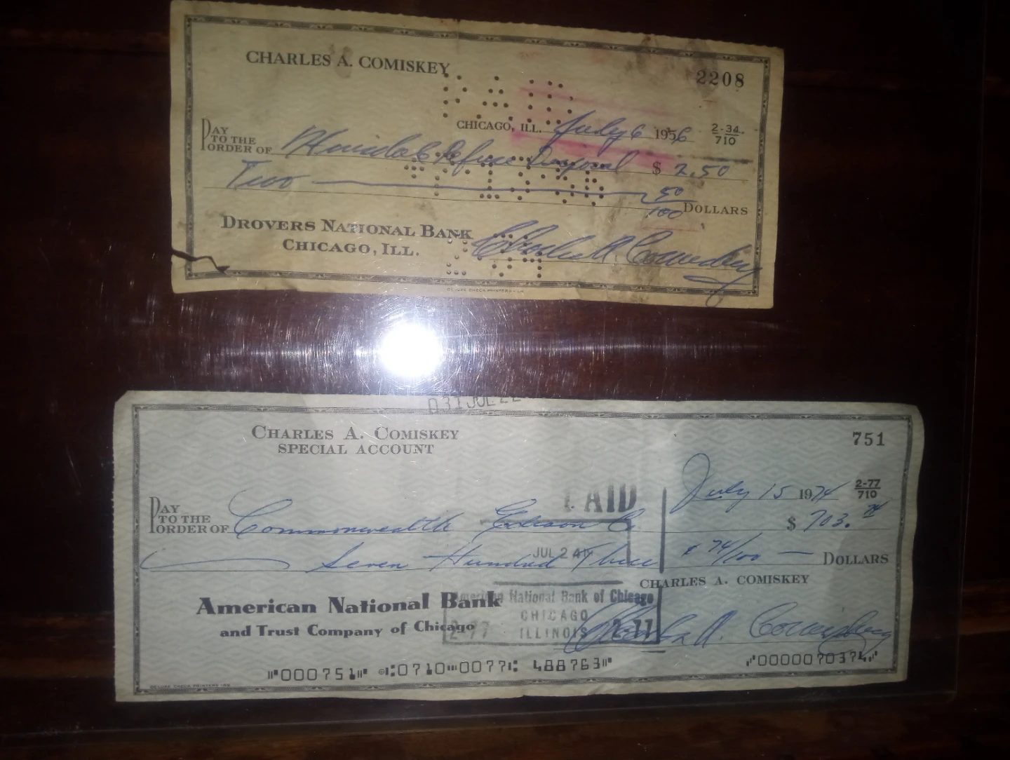 Charles A. Comiskey signed checks July 6 1956 & 1974 - photo 5