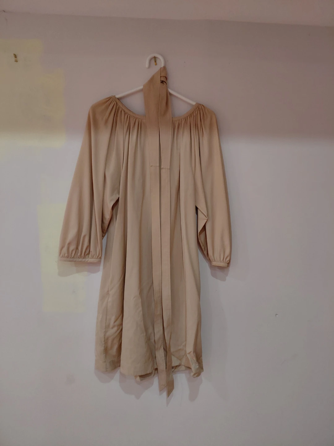 Beige Long-Sleeved Dress with Tie Neck - photo 2