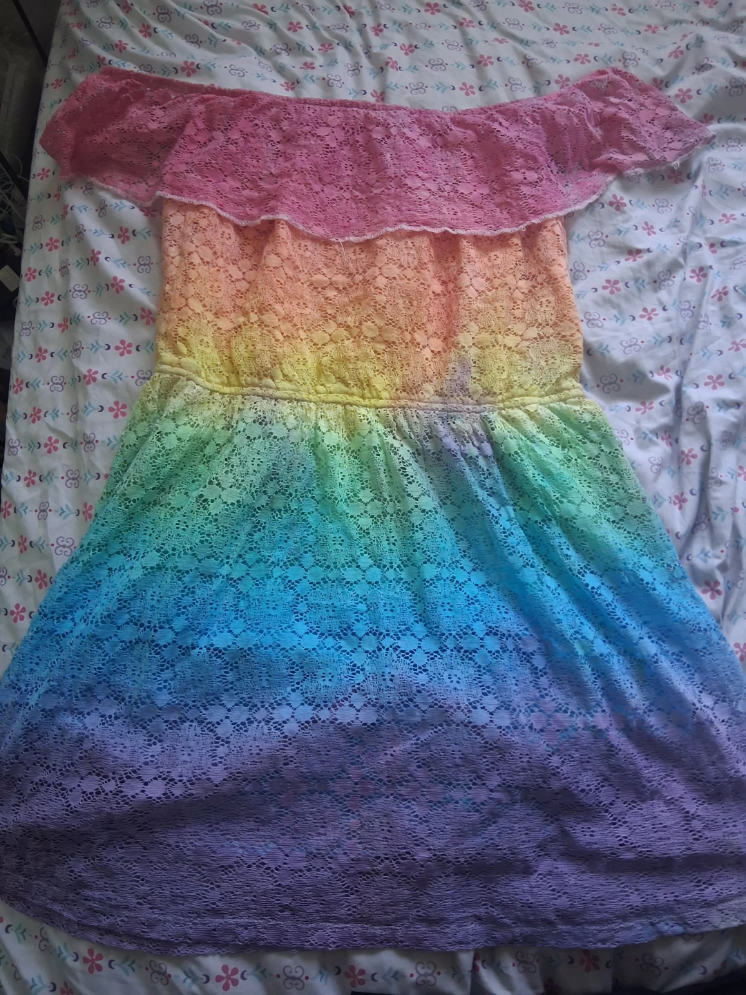 Rainbow Ombre Lace Off-the-Shoulder Dress