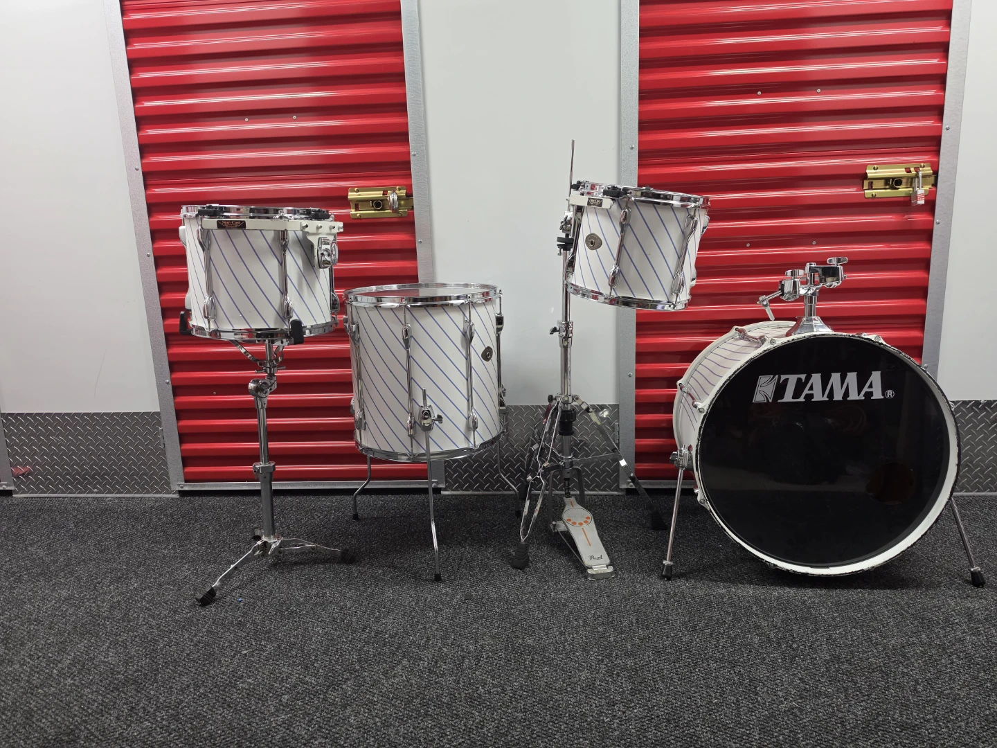 Tama Drum Set - White with Blue Stripes