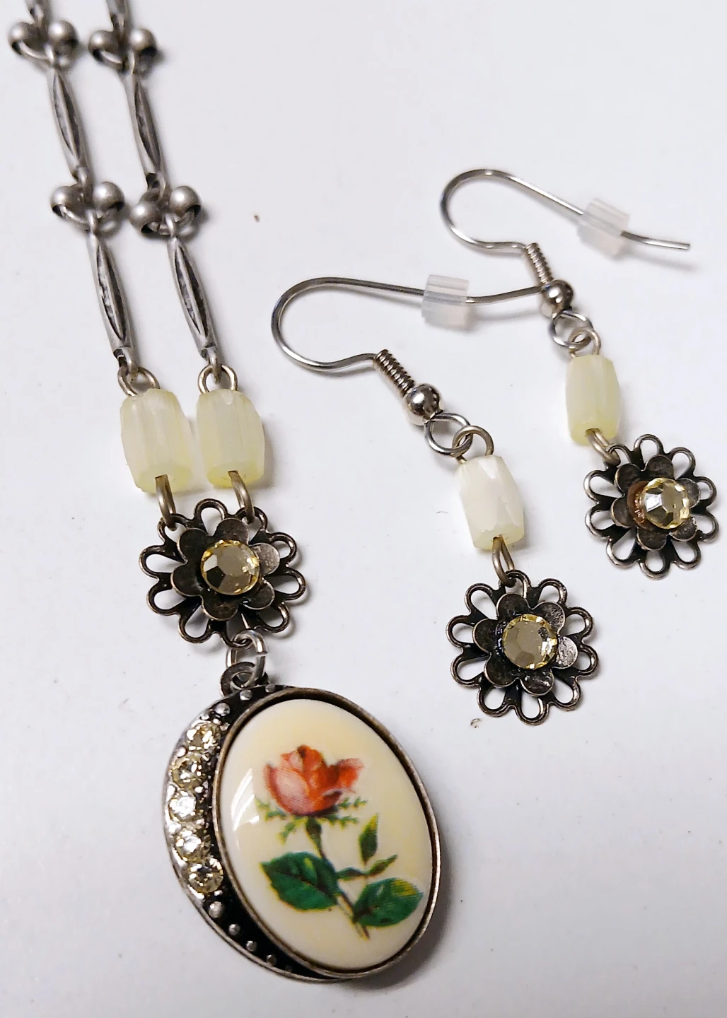 Rose Pendant Necklace and Matching Earrings Set