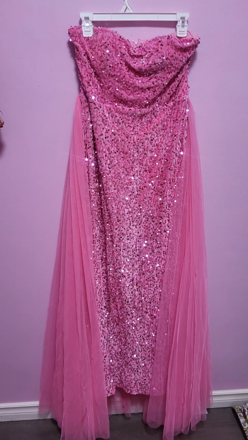 Pink Sequin Strapless Gown with Tulle Skirt - photo 2