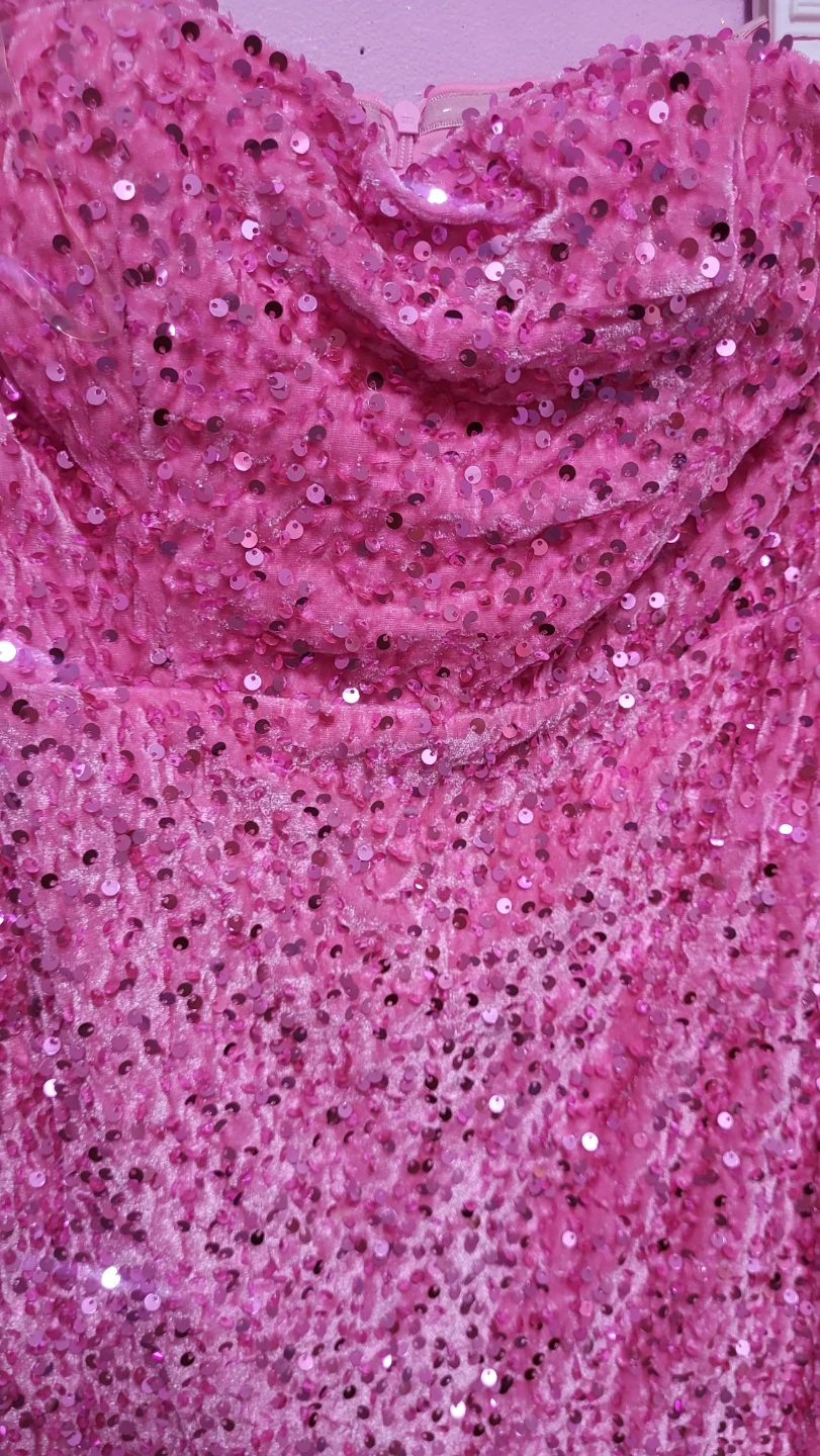 Pink Sequin Strapless Gown with Tulle Skirt - photo 3