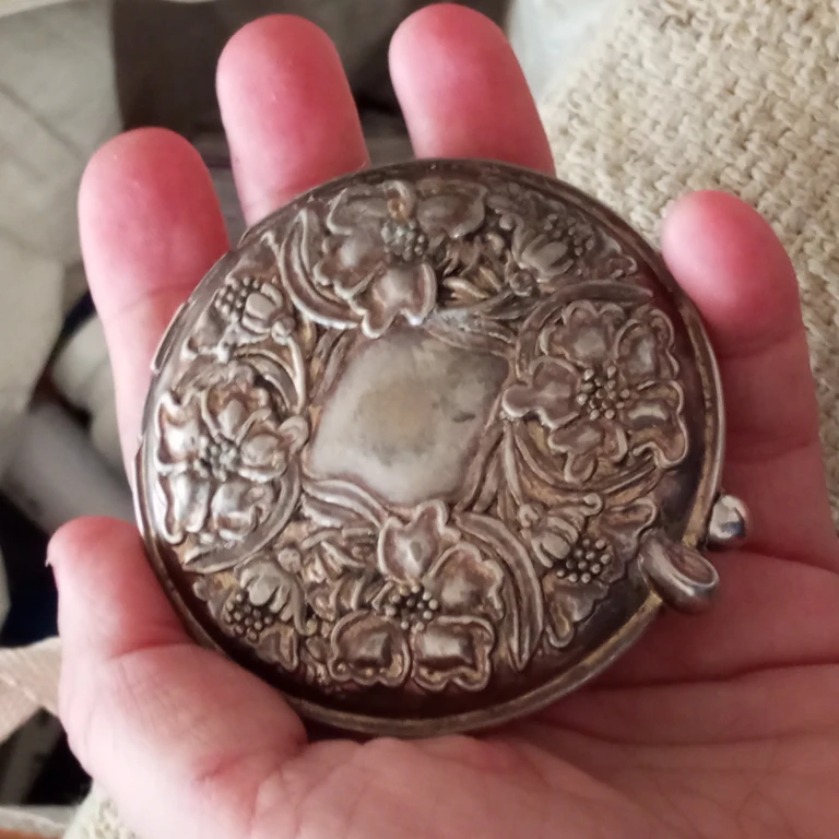 Vintage Ornate Silver-Plated Compact Mirror