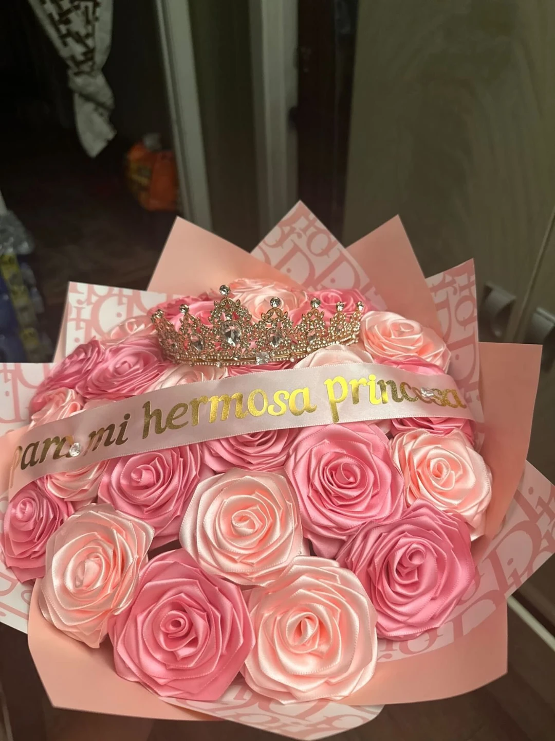 Pink Rose Bouquet with Crown