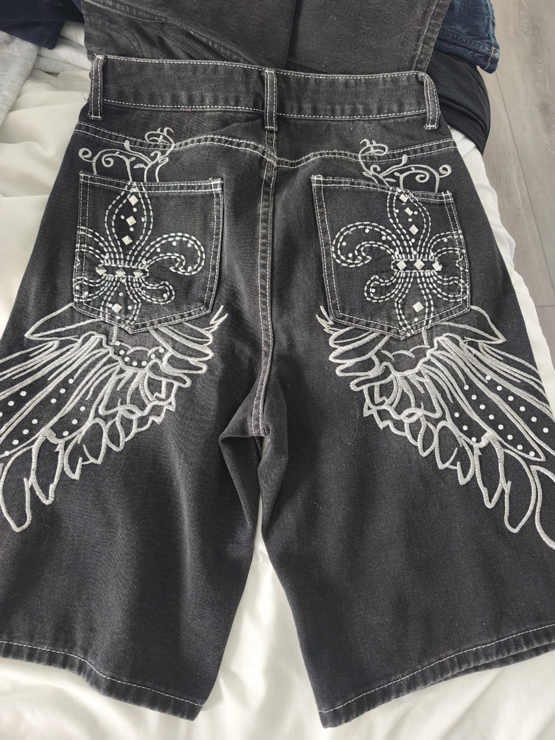 Black Denim Shorts with White Stitching and Embellishments - photo 2