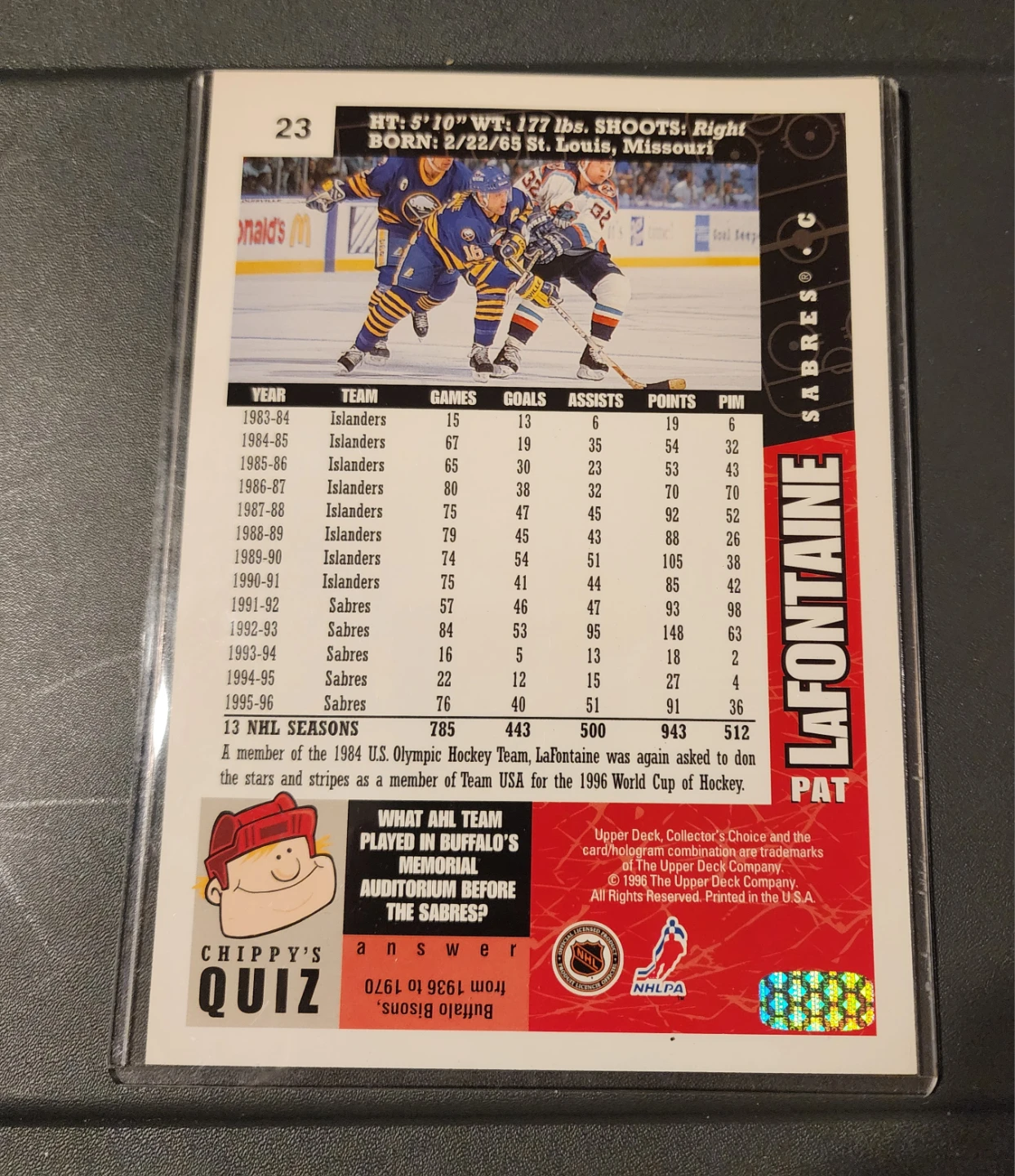 Upper Deck Pat LaFontaine Hockey Card - photo 2