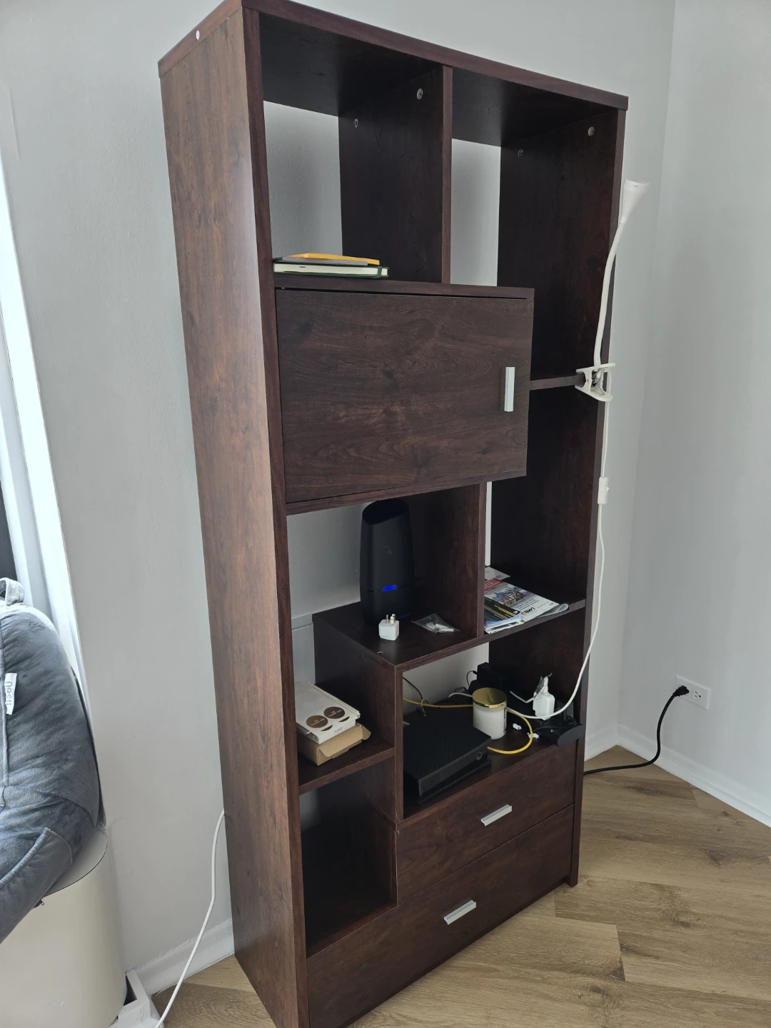 Dark Wood Bookshelf with Cabinet and Drawers