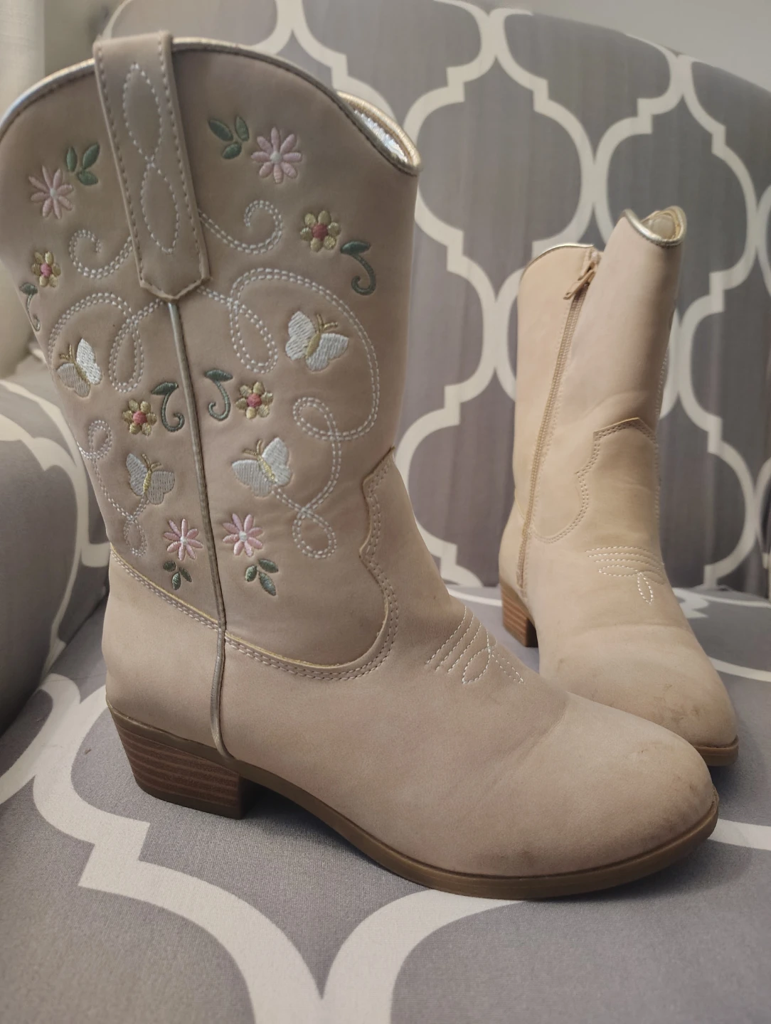 Girls' Tan Embroidered Butterfly & Flower Cowboy Boots