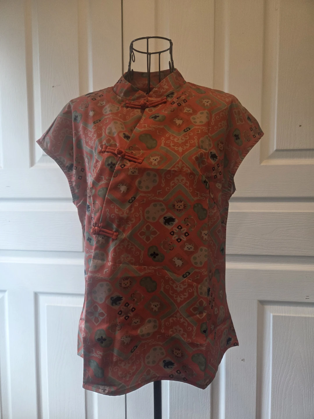 Vintage Asian Style Blouse - Orange Floral Print