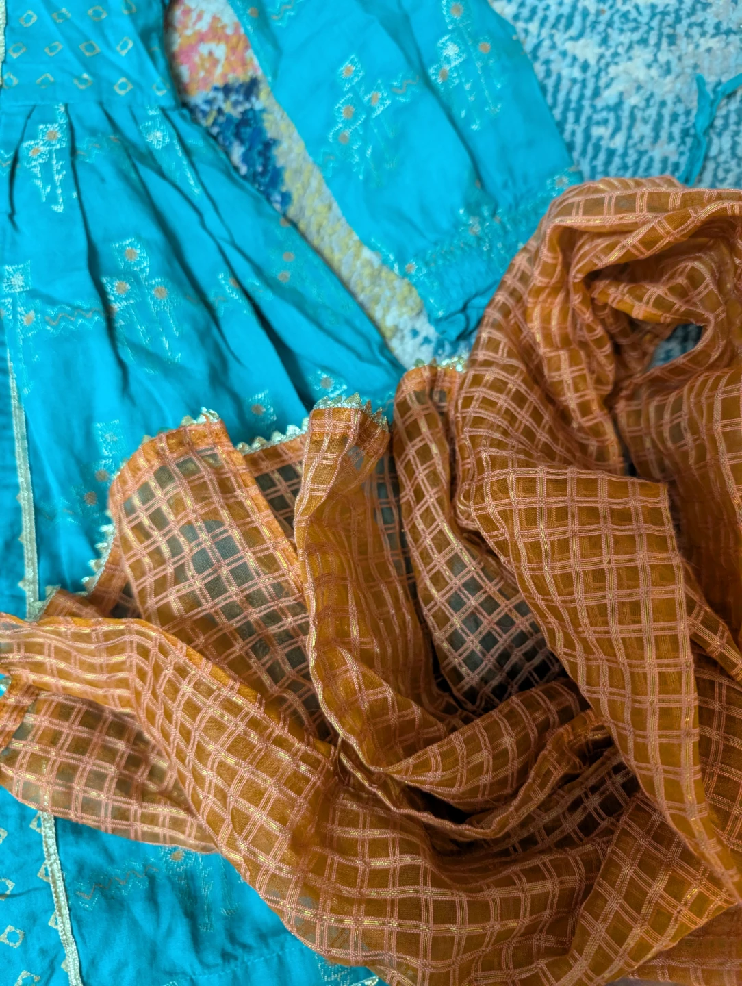 Teal Embroidered Kurti with Pants and Dupatta - photo 3