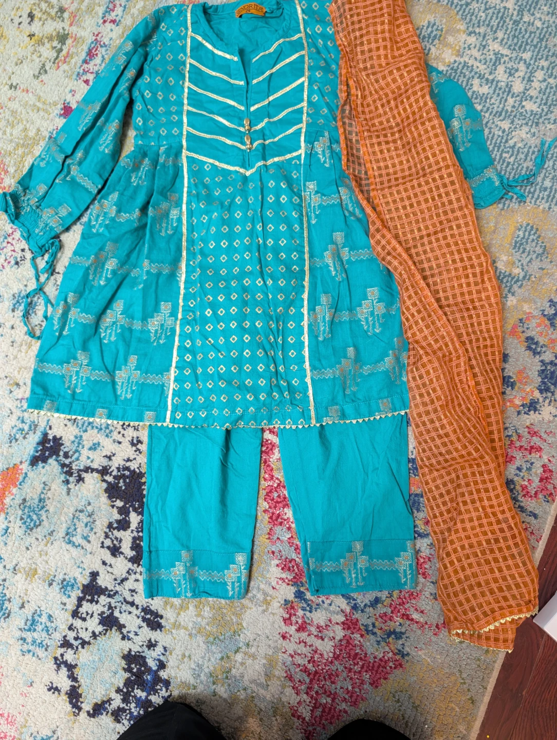 Teal Embroidered Kurti with Pants and Dupatta - photo 4