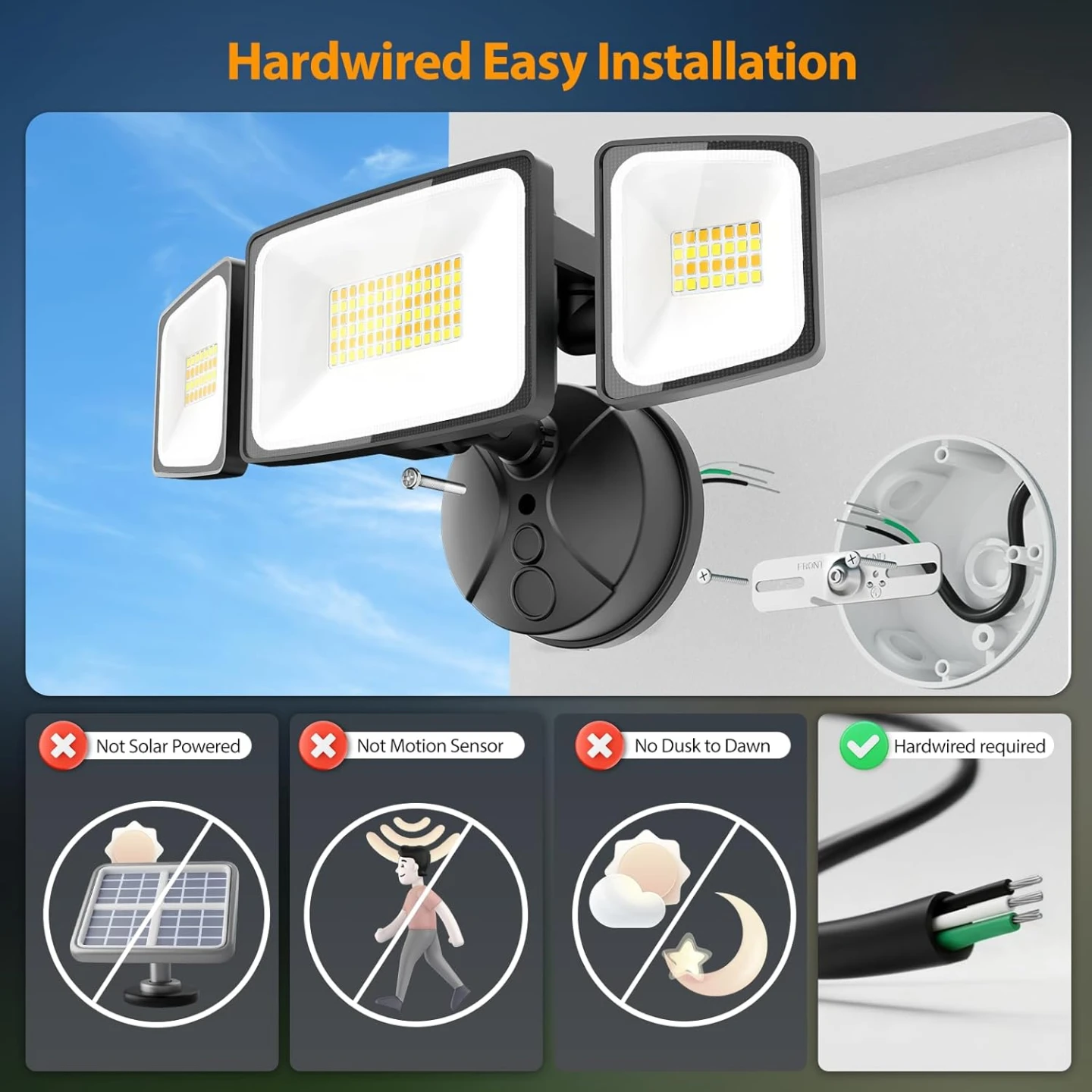 Smart Flood Light Outdoor, 3-Head Hardwired Security Light - photo 5
