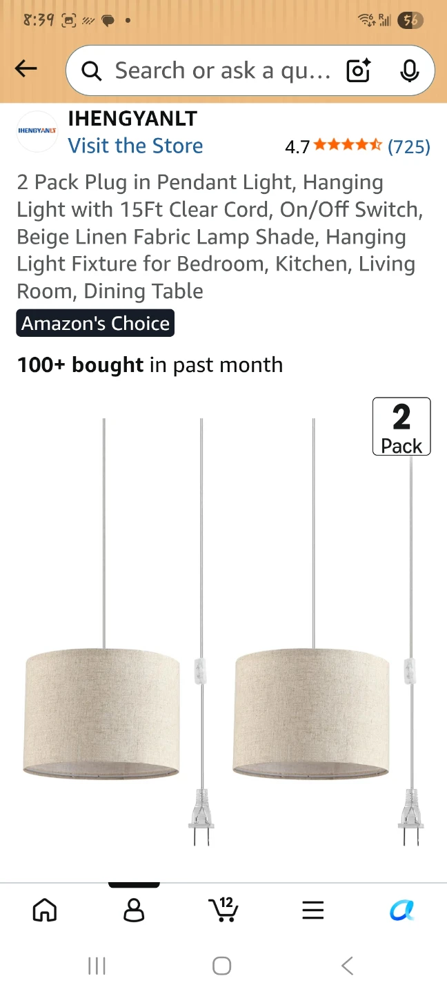 2 Pack Plug-in Pendant Lights, Beige Linen Fabric Shade