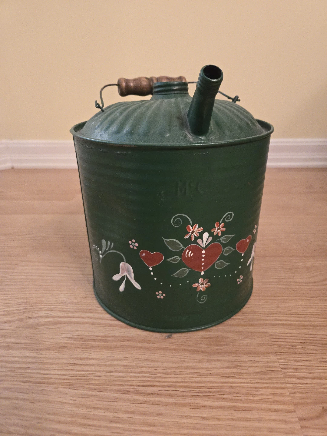 Vintage Green Metal Watering Can with Hearts - photo 3
