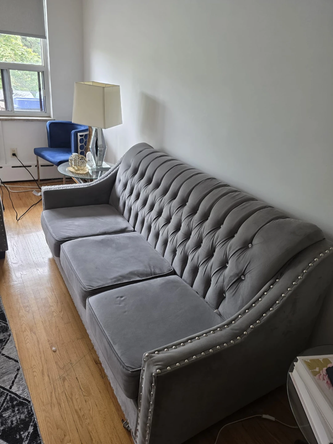 Tufted Grey Sofa with Silver Studs