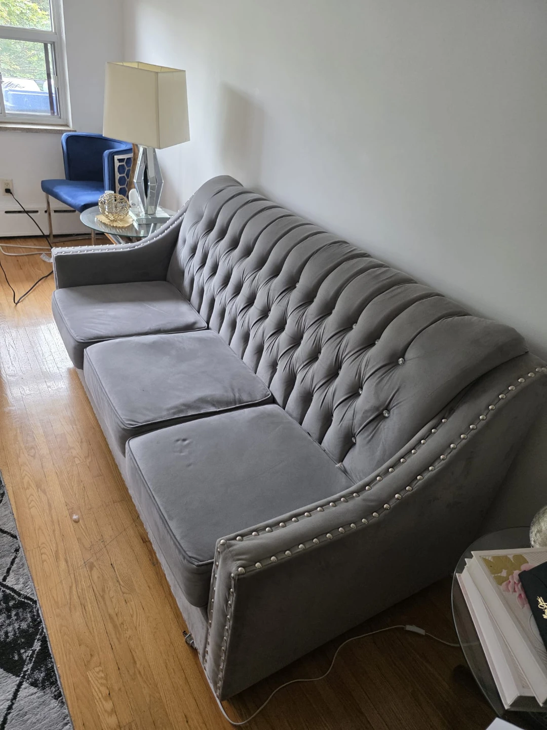 Tufted Grey Sofa with Silver Studs - photo 2
