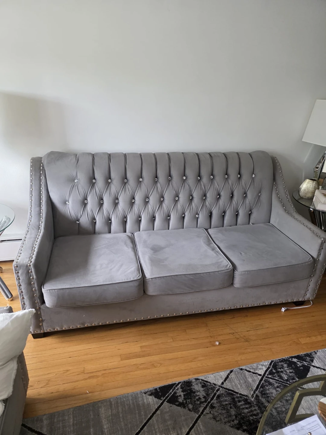 Tufted Grey Sofa with Silver Studs - photo 3