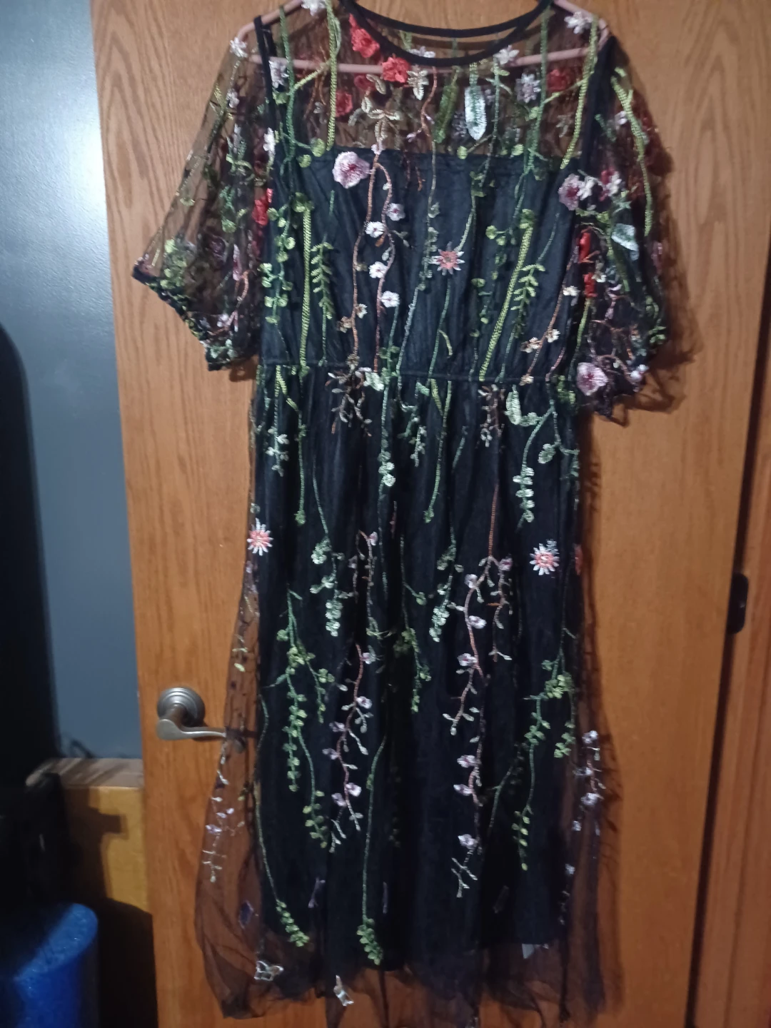 Black Dress (size 16/18) with Floral Embroidered Sheer Overlay