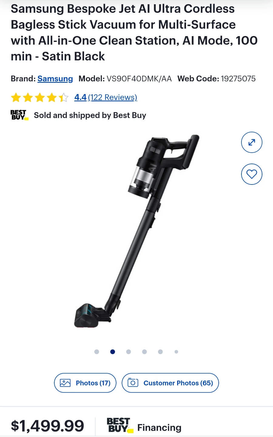 Samsung Bespoke Jet AI Cordless Vacuum - Satin Black