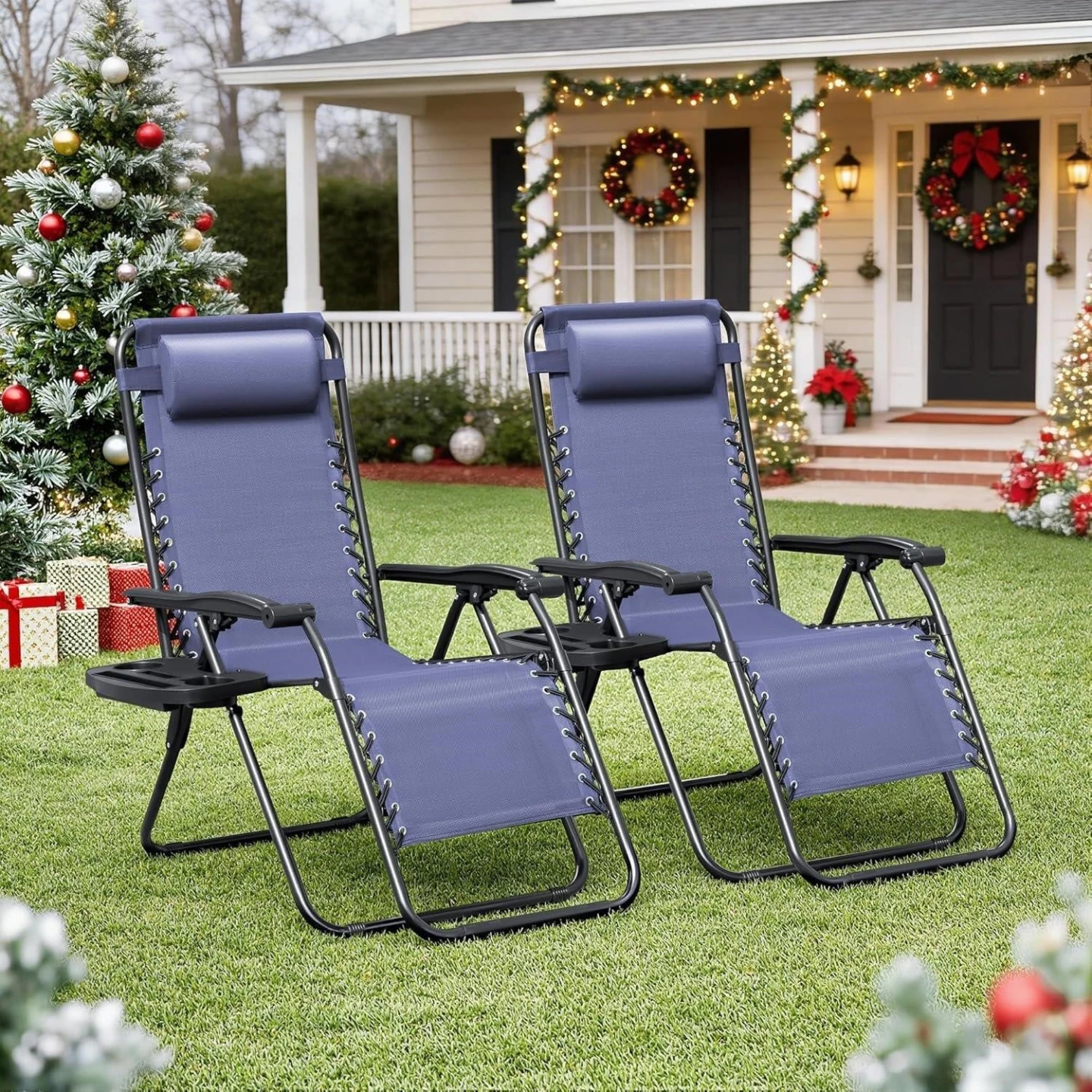 Pair of Blue Zero Gravity Chairs with Headrest and Tray - photo 2