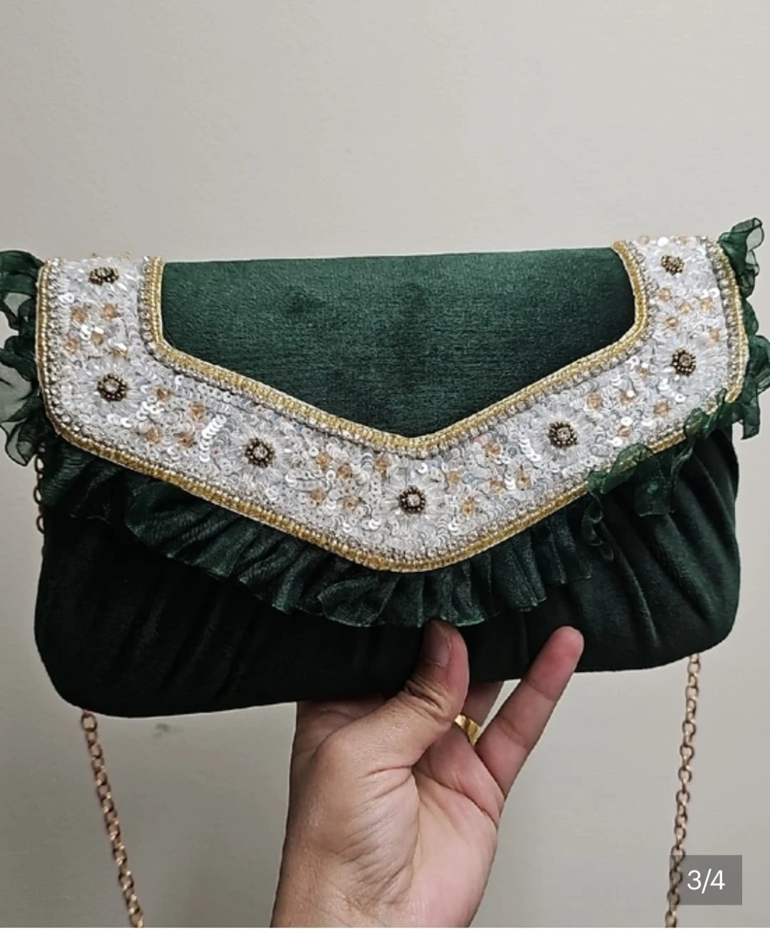 Green Velvet Clutch with Beaded Embellishment
