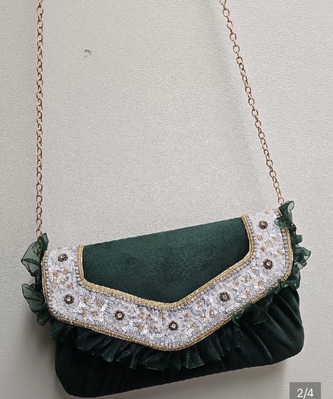 Green Velvet Clutch with Beaded Embellishment - photo 2